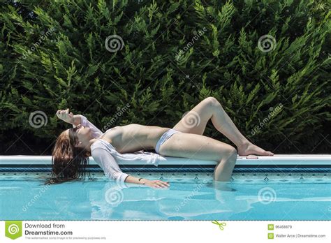 Topless Brunette Model In A Swimming Pool Stock Image Image Of Pretty Outdoors 96468879