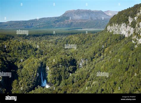 Tarawera Falls on Tarawera River, and Mount Tarawera Volcano, near ...