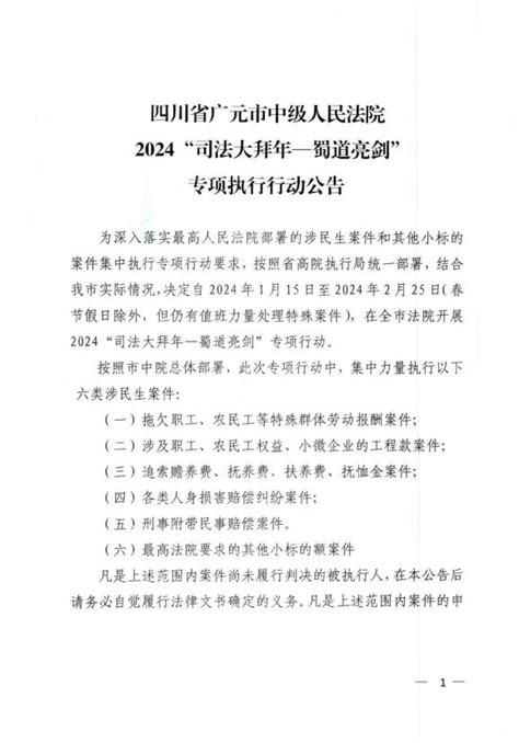 四川省广元市中级人民法院2024“司法大拜年—蜀道亮剑”专项执行行动公告澎湃号·政务澎湃新闻 The Paper