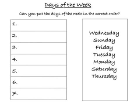 Days of the Week Worksheet | Teaching Resources