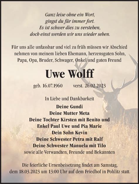 Traueranzeigen Von Uwe Wolff Märkische Onlinezeitung Trauerportal