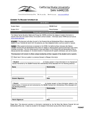 Fillable Online Csusm Consent To Release Information California State