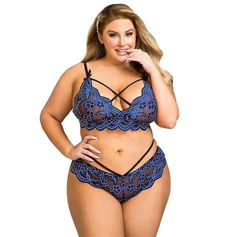 POTETI Womens Lingerie Sexy Blue Lace Plus Size Pajama See Through Bras