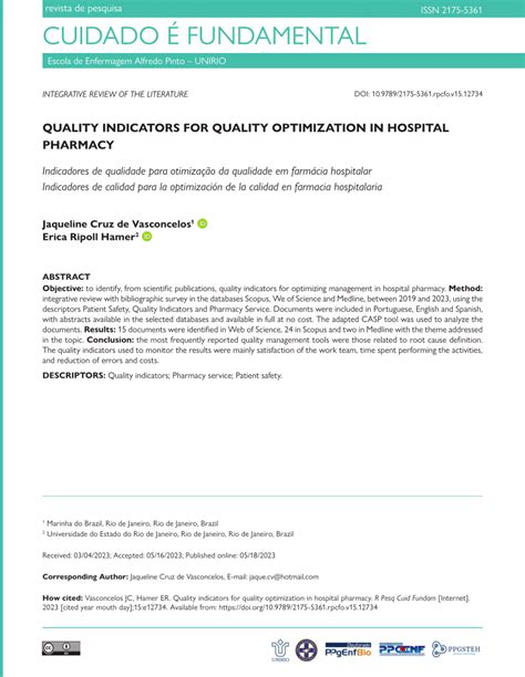 PDF Quality Indicators For Quality Optimization In Hospital Pharmacy