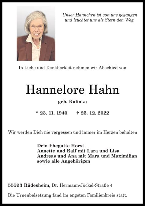 Traueranzeigen Von Hannelore Hahn Rz Trauer De