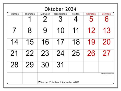 Kalender Oktober 2024 Sichtbarkeit MS Michel Zbinden DE