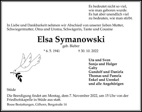 Traueranzeigen Von Elsa Symanowski Trauer Anzeigen De