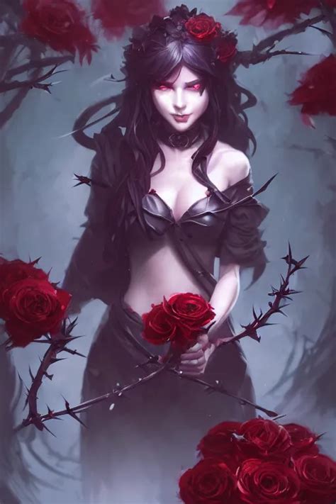 KREA Fantasy Female Dark Witch Surrounded By Roses And Thorns