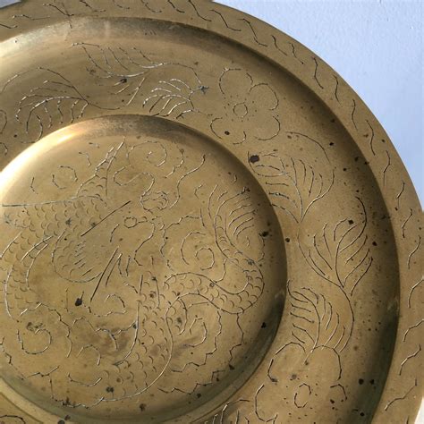 Large Chinese Brass Plate With Small Pedestal And Etchings Etsy Uk