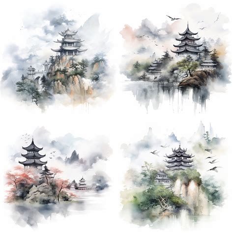 24 Watercolor Chinese_temple_clipart, Watercolor Mountain Clipart ...