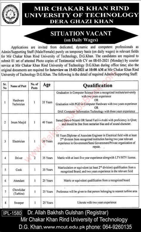 Mir Chakar Khan Rind University Dera Ghazi Khan Jobs 2021 February