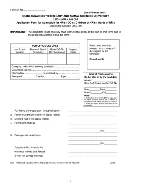 Fillable Online Application Form For Admission For Nris Oci