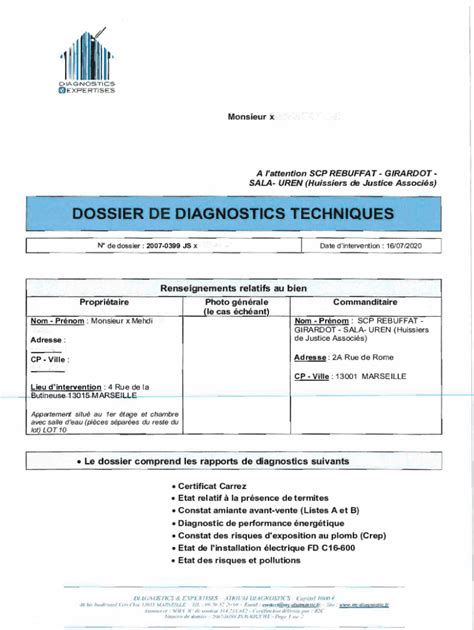 Fillable Online DOSSIER DE DIAGNOSTICS TECHNIQUES Info Encheres