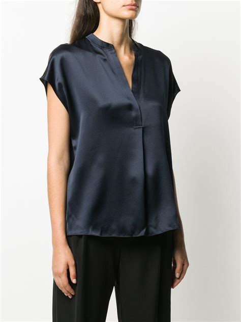 Vince Navy Blue Shirred Silk Blouse Mitchell Stores