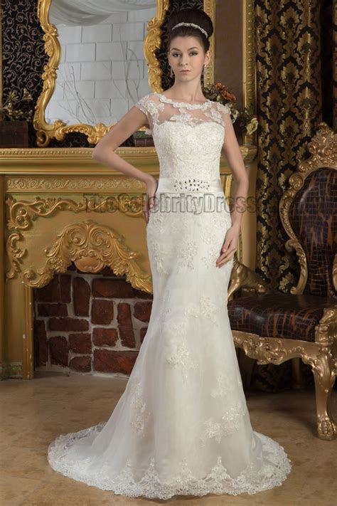 Elegant Sheath Column Lace Sweep Brush Train Wedding Dress