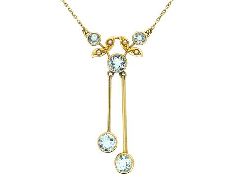 Edwardian 15ct Gold Double Drop Aquamarine And Natural Split Pearl Necklace 378n The Antique