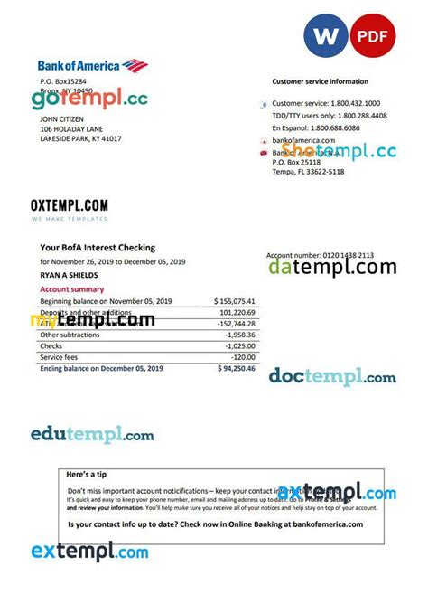 Usa Bank Of America Banking Statement Easy To Fill Template In Word And Pdf Format By Doctemply