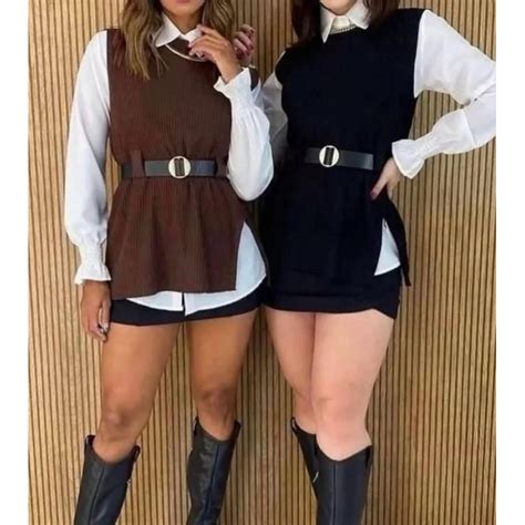 Colete Com Camisa Social Feminino - Conjunto Feminino Colete de tricô e Camisa Social Branca com Cinto ...