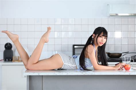 K Asian Brunette Girl Kitchen Lying Down Legs Shorts Singlet