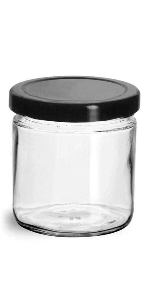 Sks Bottle And Packaging 9 Oz Clear Glass Straight Sided Jars W Black Metal Plastisol Lined Lug