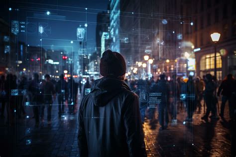 Man walking on the street in the city at night with hologram screens Ai