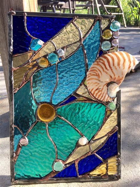 Stained Glass Nautilus Sea Shell Nuggets Suncatcher Ocean Panel 13x8 Etsy