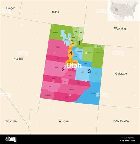 Utah State Counties Colored By Congressional Districts Vector Map With Neighbouring States And