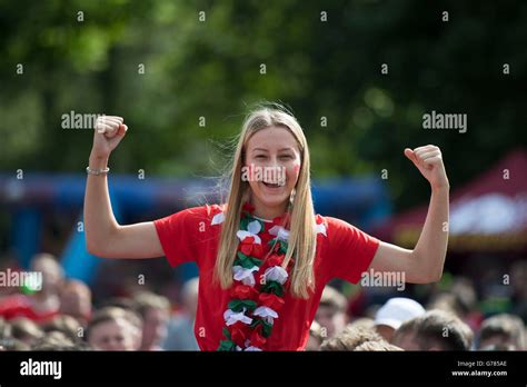 Welsh Football Fans Celebrate In The Cardiff Fan Zone In Coopers Field