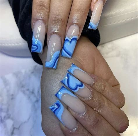 Blue Hearts Nails In 2021 Long Square Acrylic Nails Bling Acrylic