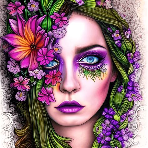 Vibrant Flowers Bohemian Witchy Woman Hyper Realistic Intricate Detail