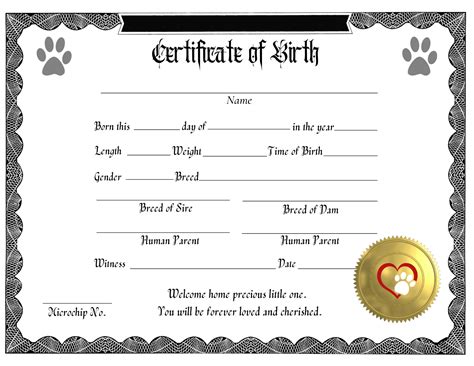 Downloadable Fillable Puppy Birth Certificate Template