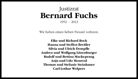 Traueranzeigen Von Bernard Fuchs Rz Trauer De