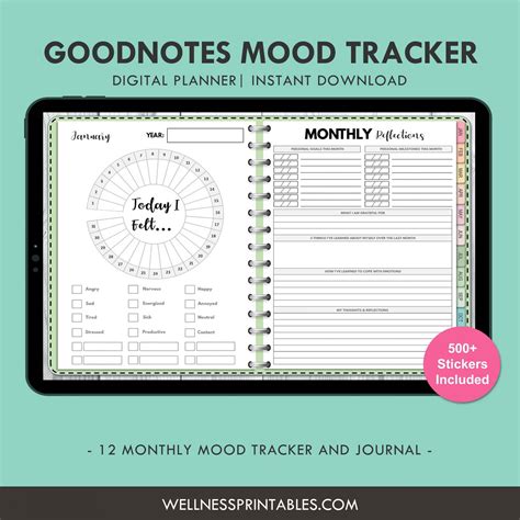 Mood Tracker Goodnotes Notability Undated Digital Planner Wellness Printables