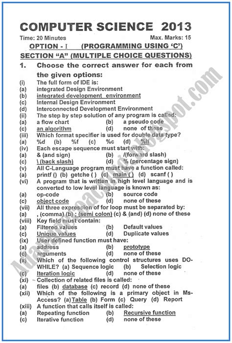 Adamjee Coaching Computer Science 2013 Past Year Paper Class Xii