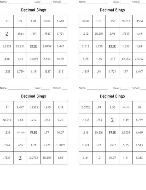 Decimal Bingo Wordmint