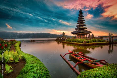 Pura Ulun Danu Bratan Hindu Temple With Boat On Bratan Lake Landscape