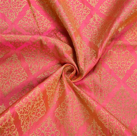 Buy Peach Golden Floral Brocade Silk Fabric For Best Price Reviews