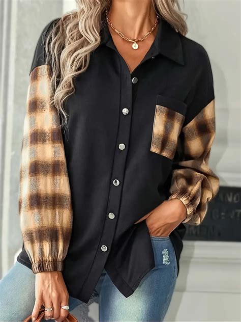 Plaid Print Color Block Blouse Versatile Button Front Temu New Zealand