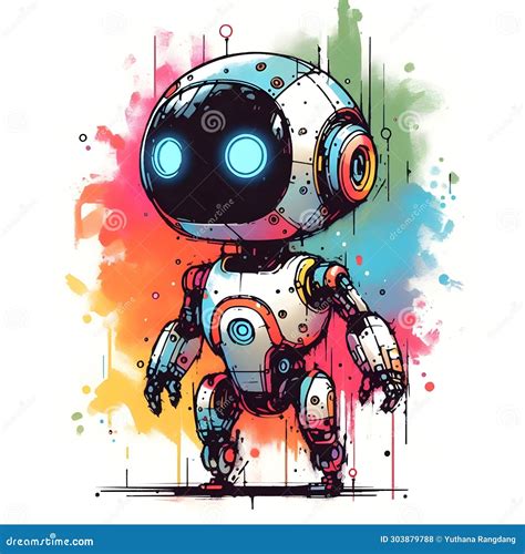 Minimalist Painting Of Sci Fi Cute Robot Pen And Ink Sketch Stock