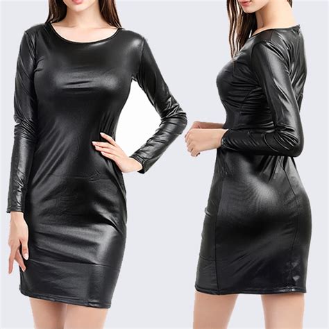 Vestido Sexy De Piel Sint Tica Para Mujer Manga Larga Cuello Redondo