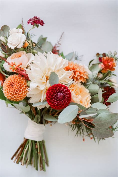 Fall color palette bouquet with orange, reds, whites and burgundy ...