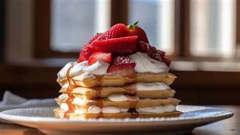 Gofres Dorados Con Crema Batida Y Fresas Stock de ilustración