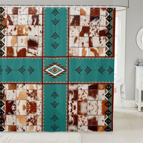 Cowhide Shower Curtain Bohemian Exotic Geometry Western Bath Curtain