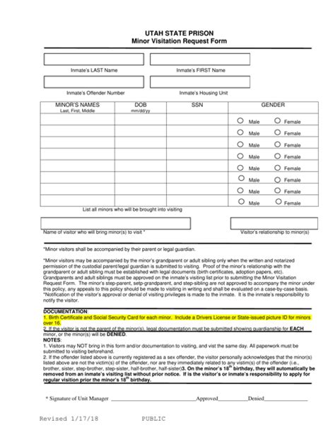 Utah Utah State Prison Minor Visitation Request Form Fill Out Sign