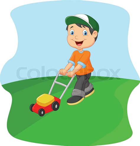 Young man cartoon cutting grass with a push lawn mower | Stock vector | Colourbox