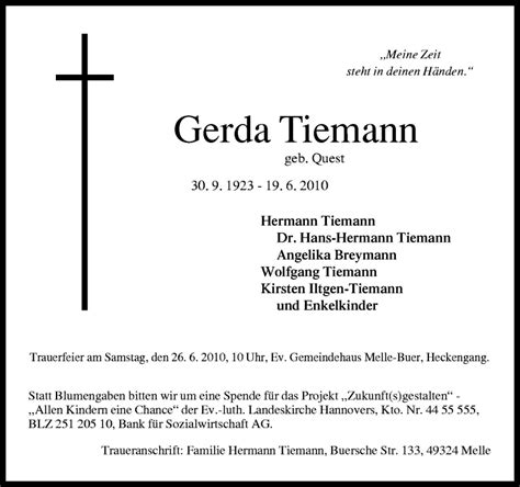 Traueranzeigen Von Gerda Tiemann Noz Trauerportal