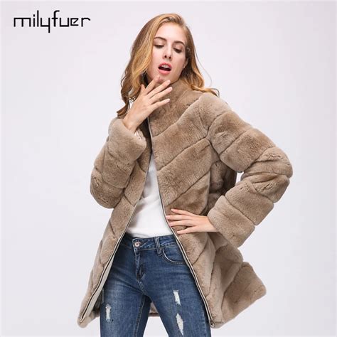 Milyfuer Natural Rabbit Fur Coats Women Full Pelt Solid Brown Thin Slim