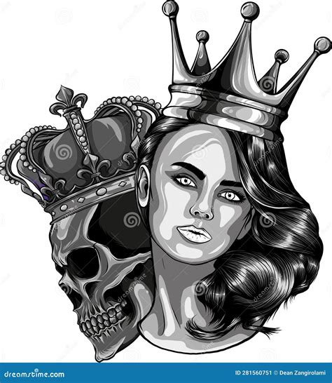 Monochromatic Illustration Of Queen With King Skull Stock Vector