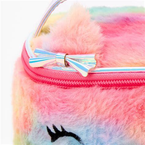 Claires Club Rainbow Kitty Furry Makeup Bag Claires Us