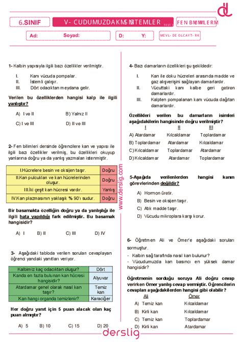 6 Sınıf Fen Bilimleri Vücudumuzdaki Sistemler Test 3 Yaprak Test Derslig